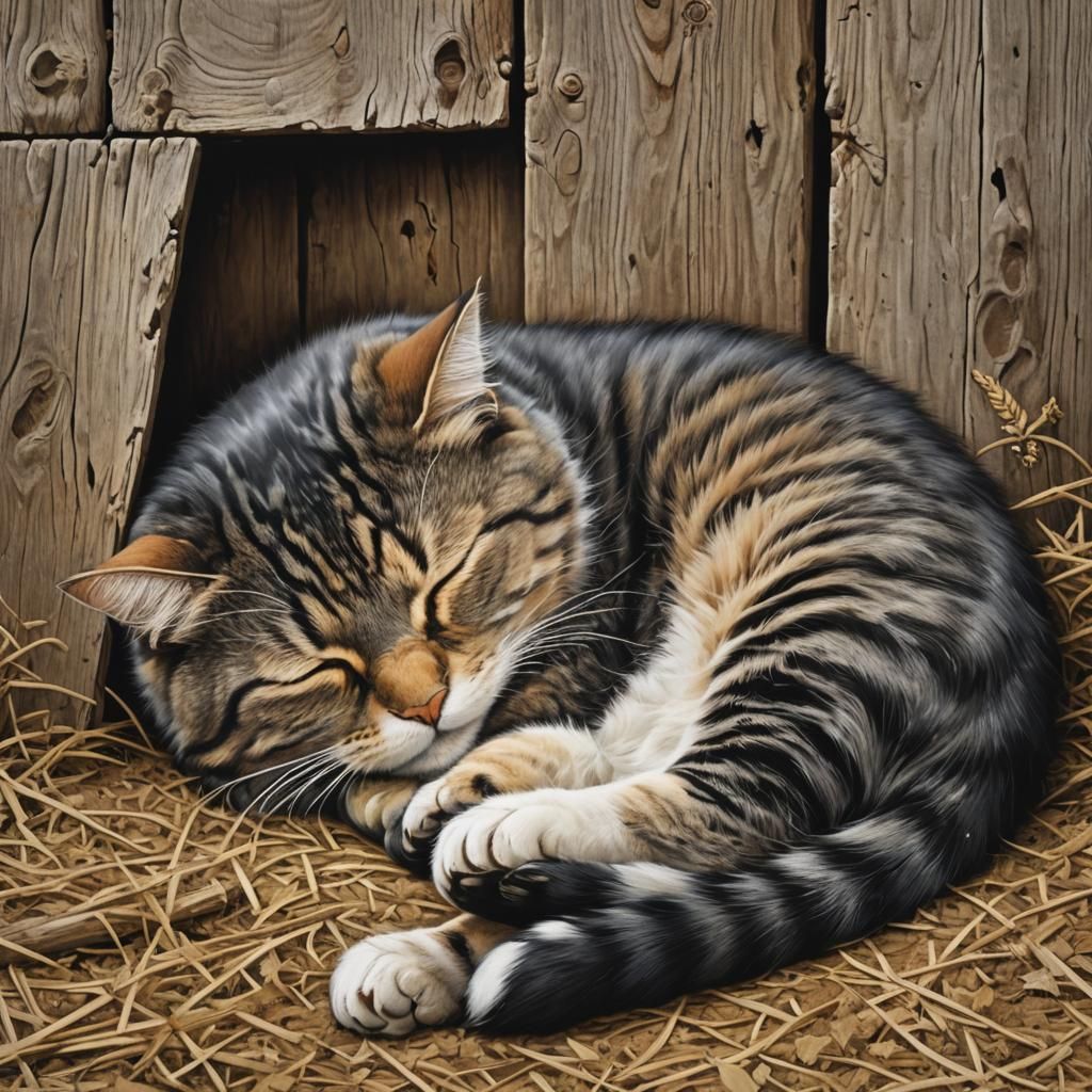 Serene Sleeping Cat in Rustic Barnyard