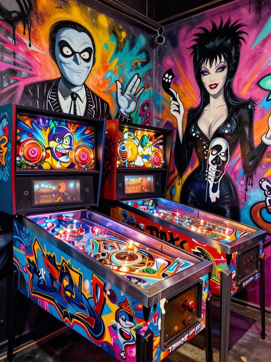 Famous Pinball Characters in Vibrant Graffiti Art Style