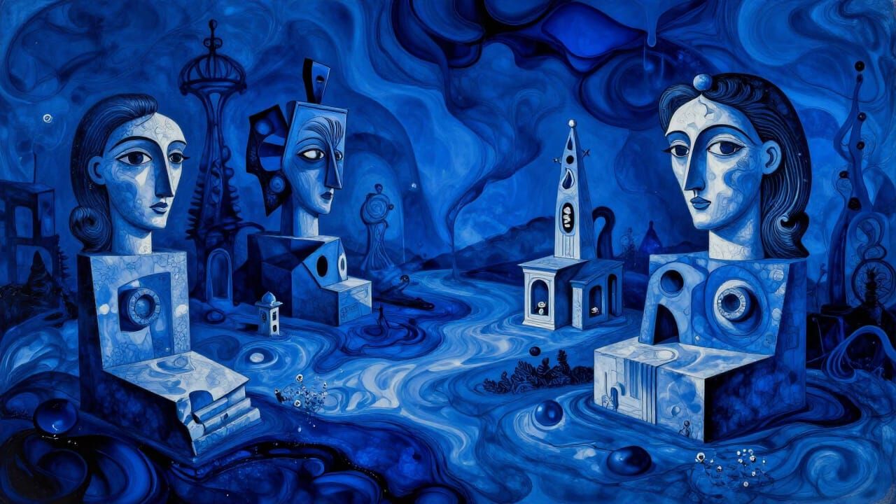 Surreal Blue Dreamscape with Intricate, Distorted Realities