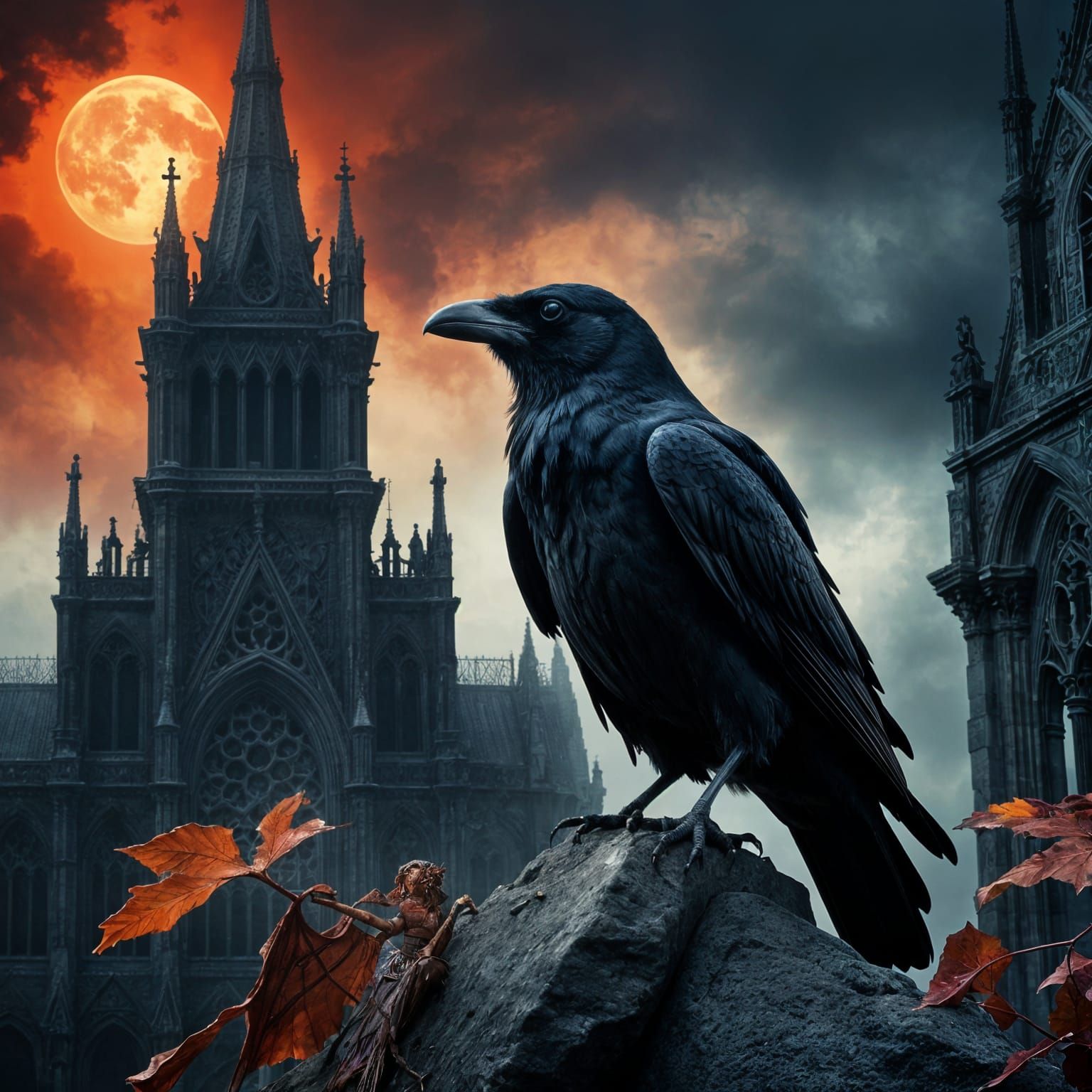 Mysterious Gothic Cathedral at Sunset, with Raven and Gargoy...