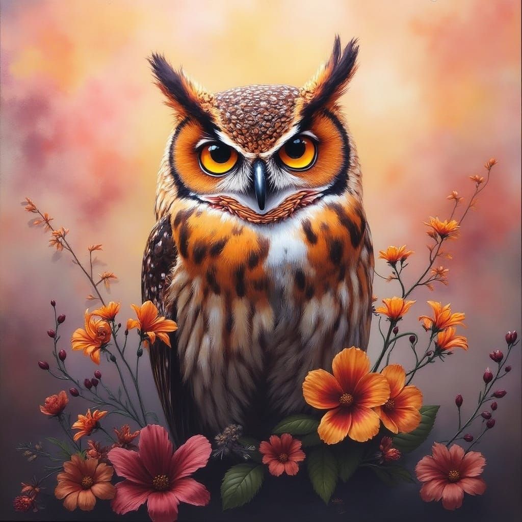 Golden Owl Amidst Vibrant Floral Fog