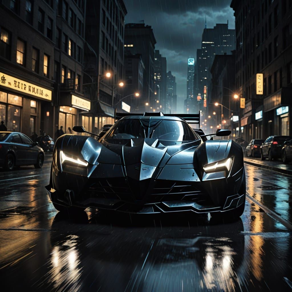 Batman Drives the Batmobile Through Gotham City