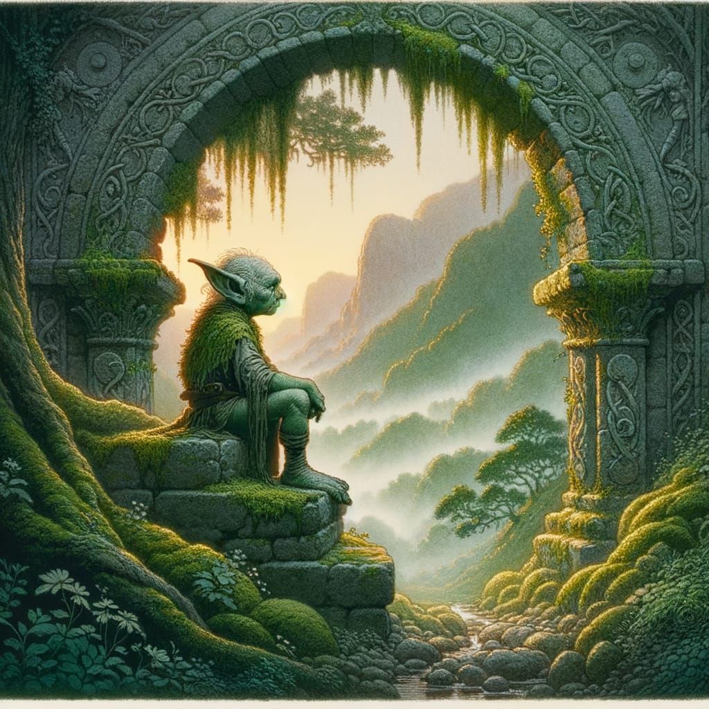 Peaceful Goblin on Mossy Archway at Dawn