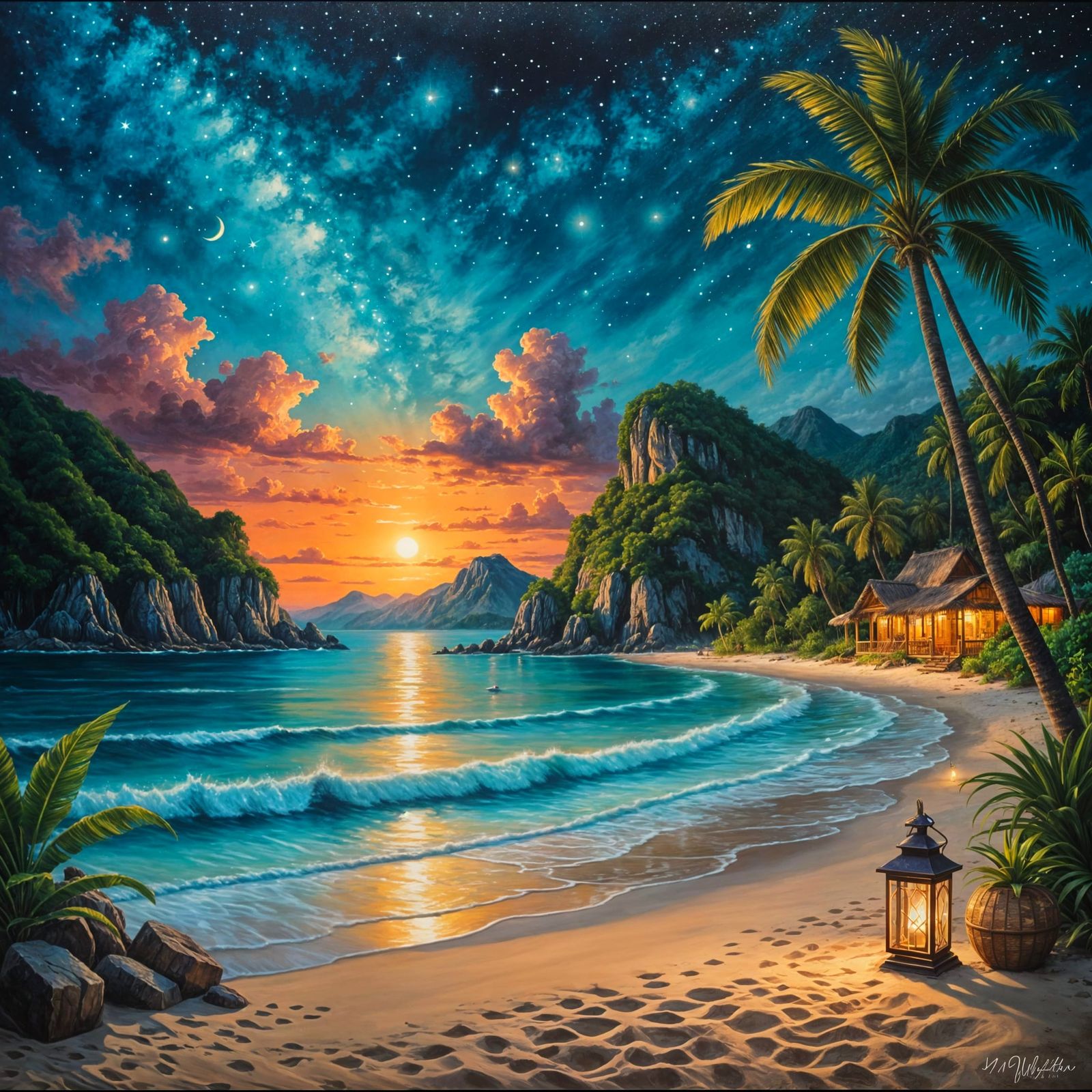 Tropical Beach at Night: Oil Painting of Paradise