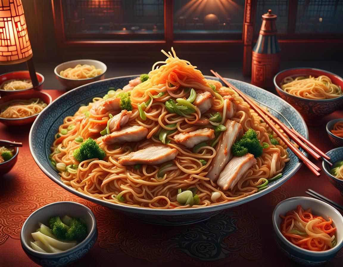 Chicken Chow Mein in Japanese Restaurant: Hyperrealistic Art