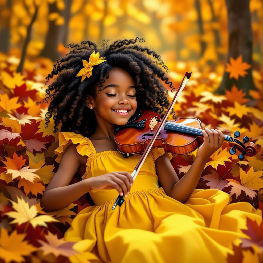 Joyful Girl Playing Viola in Autumn Leaves