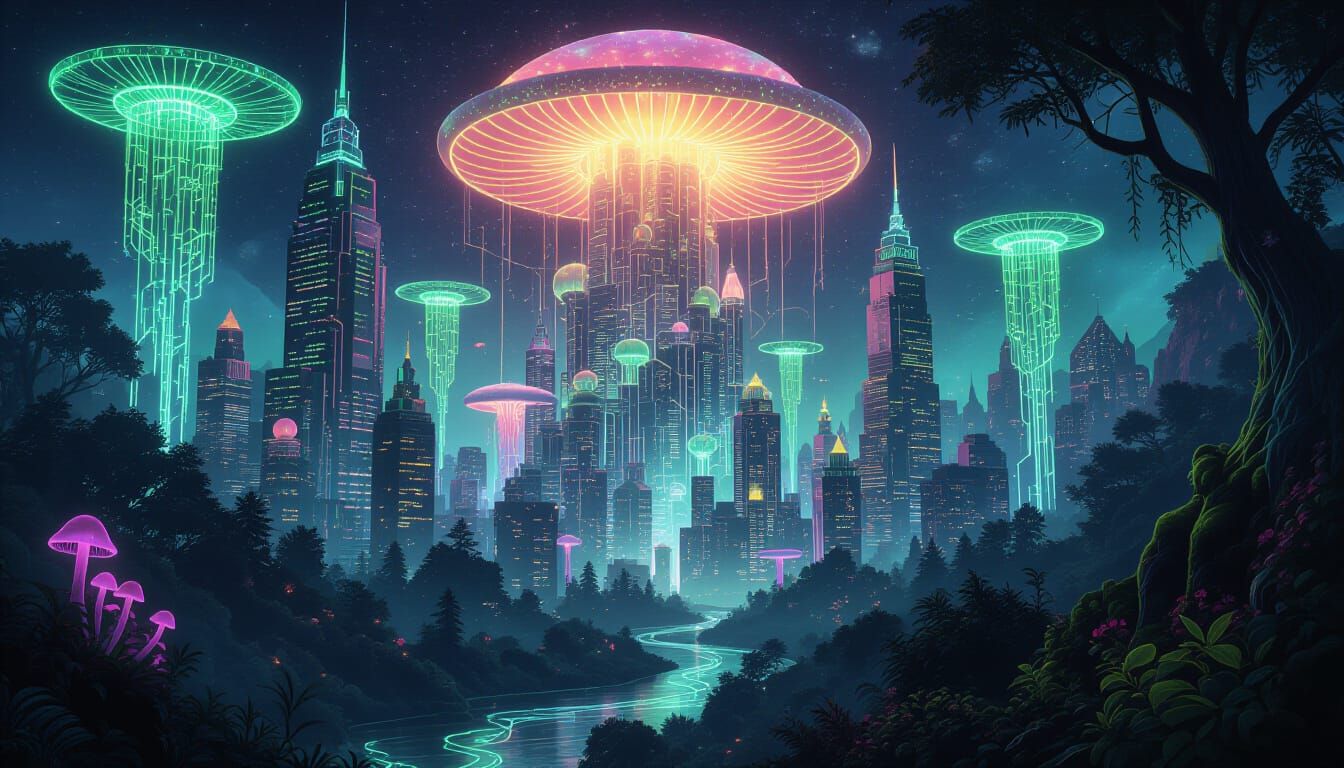 Utopian Cityscape With Neon Bio-Mechanical Forest