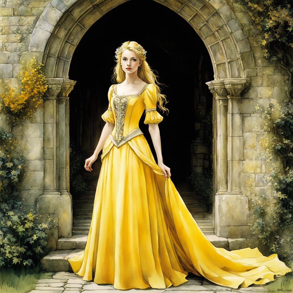 Medieval Woman in Yellow Gown at Castle Doorway