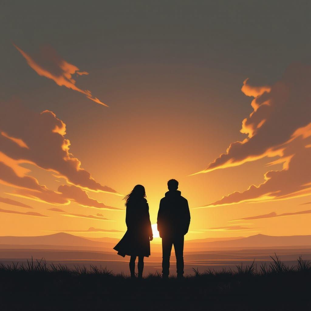 Silhouetted Figures Under Infinite Golden Sky