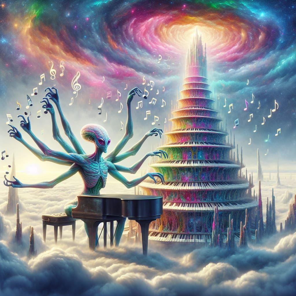 Alien Pianist in Tower Above Clouds: Romanticism Art