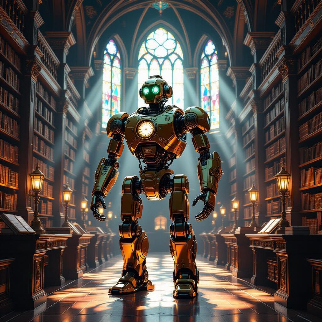 Steampunk Automaton Librarian in Ancient Library