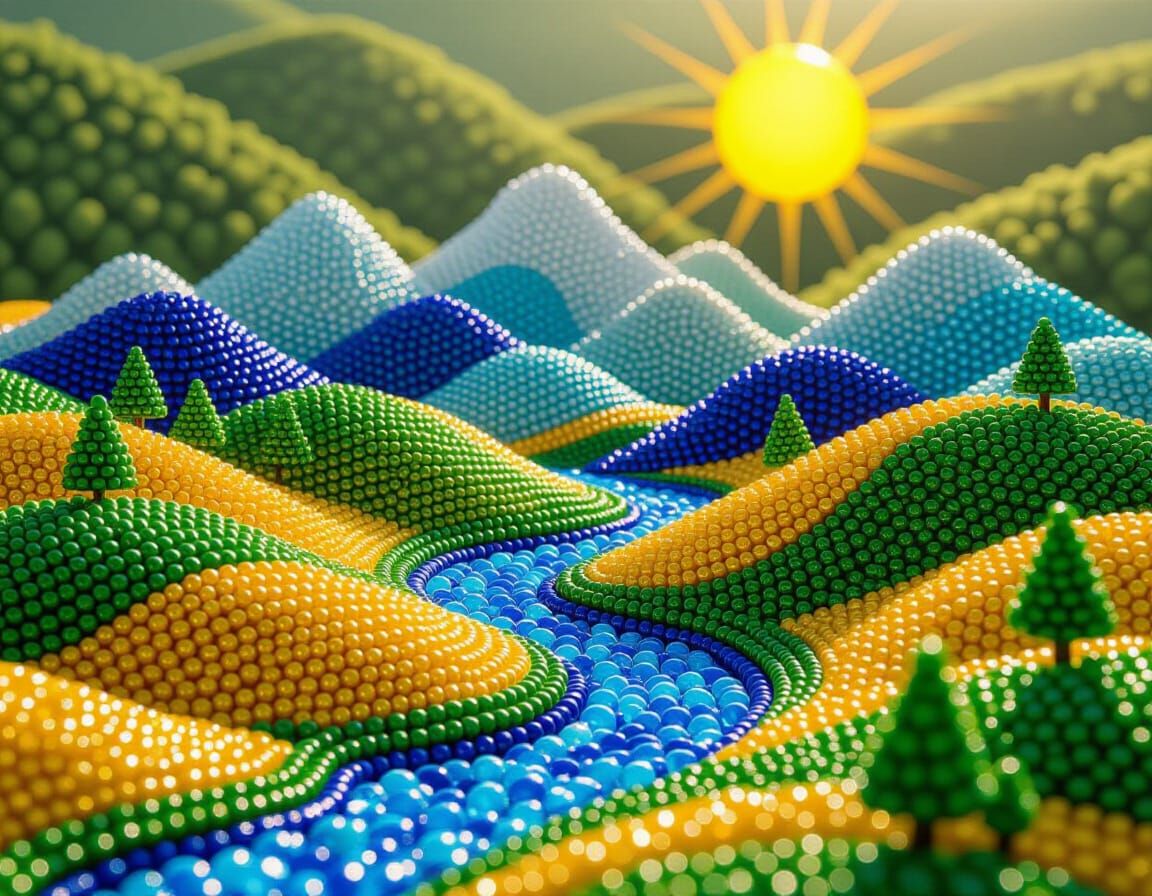 Vibrant 3D Beadwork Landscape with Glass and Ceramic Beads