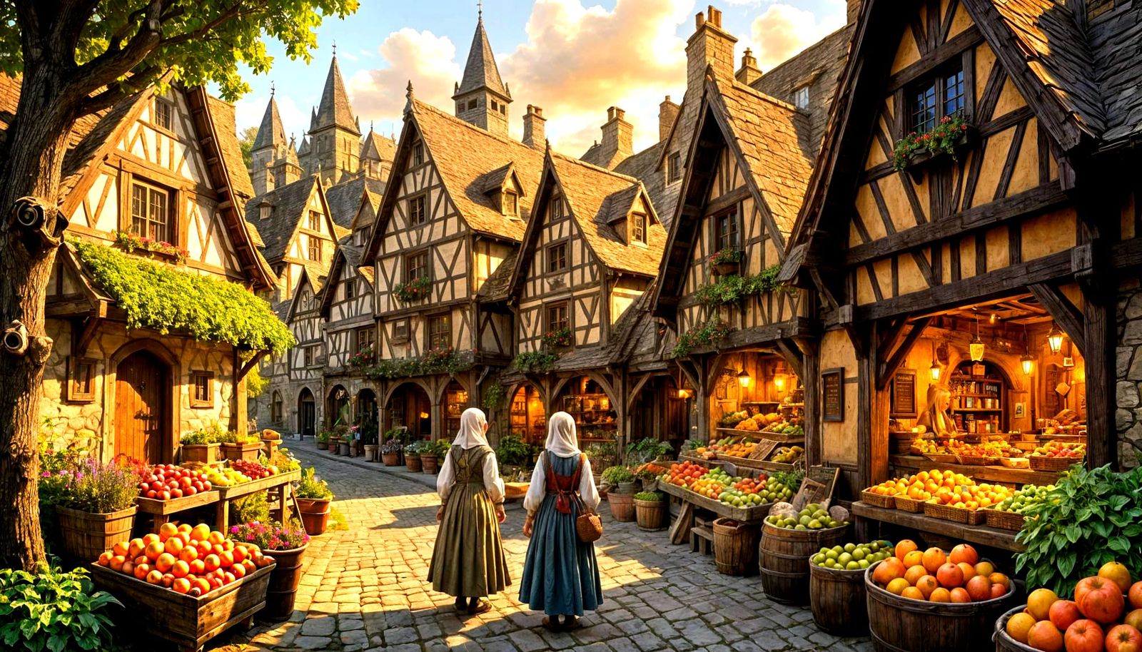 Medieval Farmstand Scene in Arthur Rackham Style