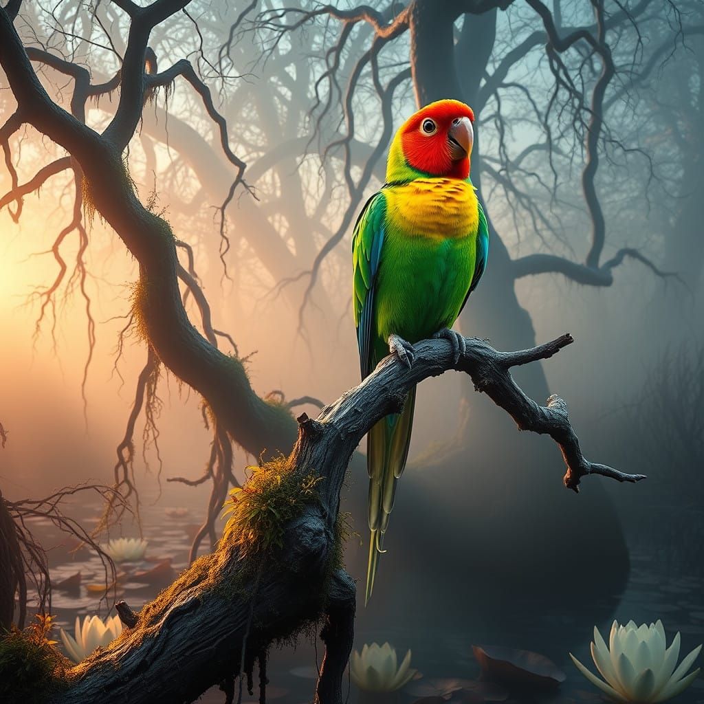 Hyper-Realistic Carolina Parakeet in Southeastern Wetland