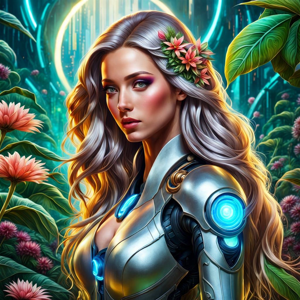 Android in Futuristic Garden: Digital Fantasy Art