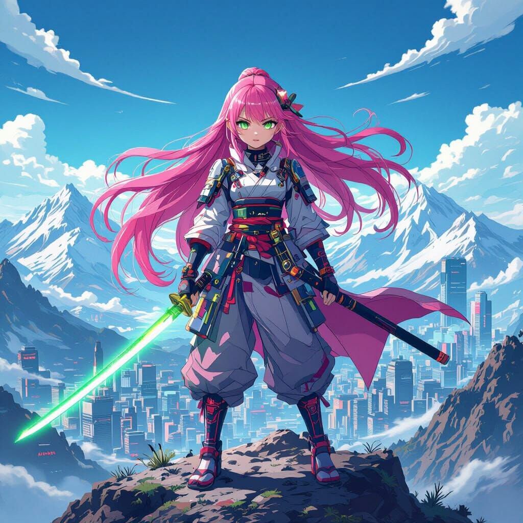 Cyberpunk Anime Samurai Girl on Mountaintop