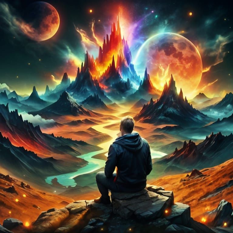 Man Contemplates Fiery Moon on Venus Cliffside