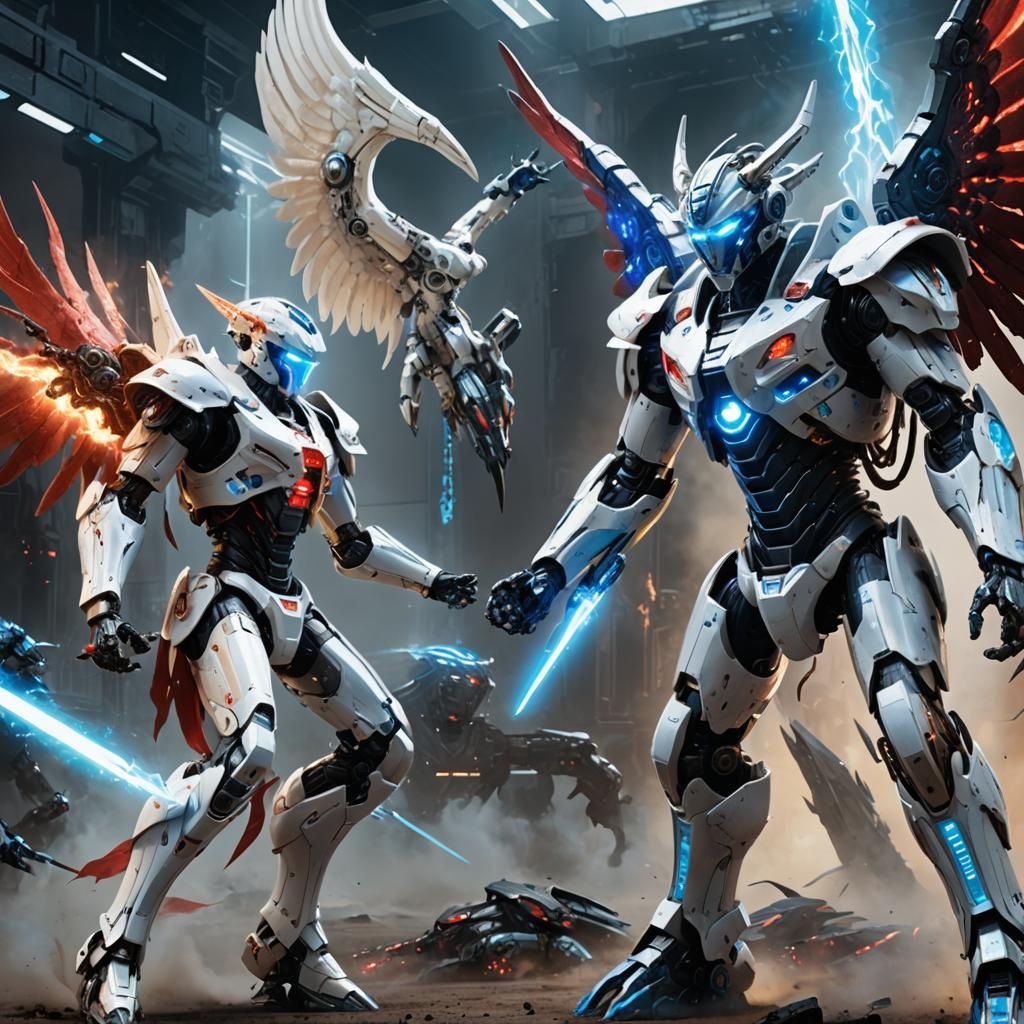 Angelic Robot vs Cybernetic Demon in Futuristic Battle