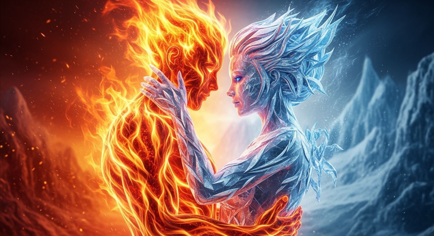 Fiery Man Embraces Ice Woman in Dramatic Contrast