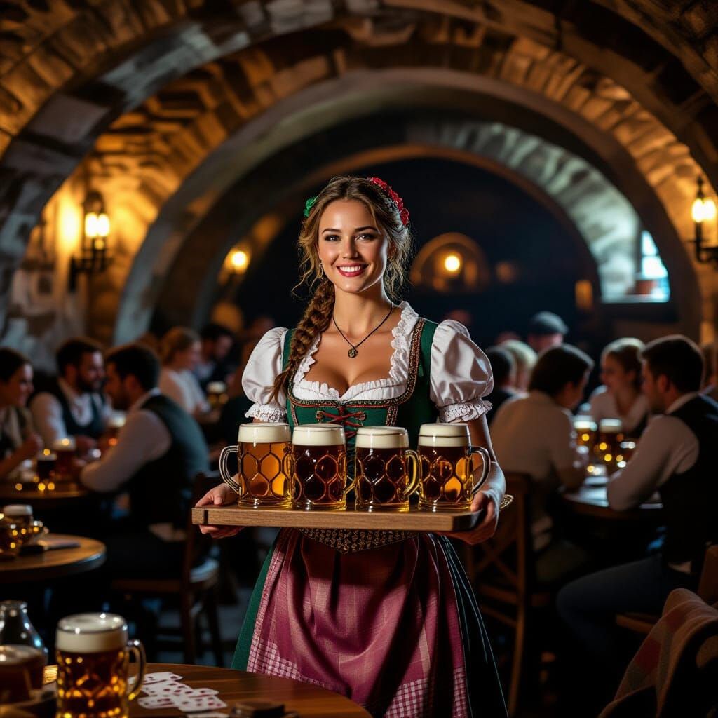 Bavarian Barmaid in Bustling Medieval Beer Cellar