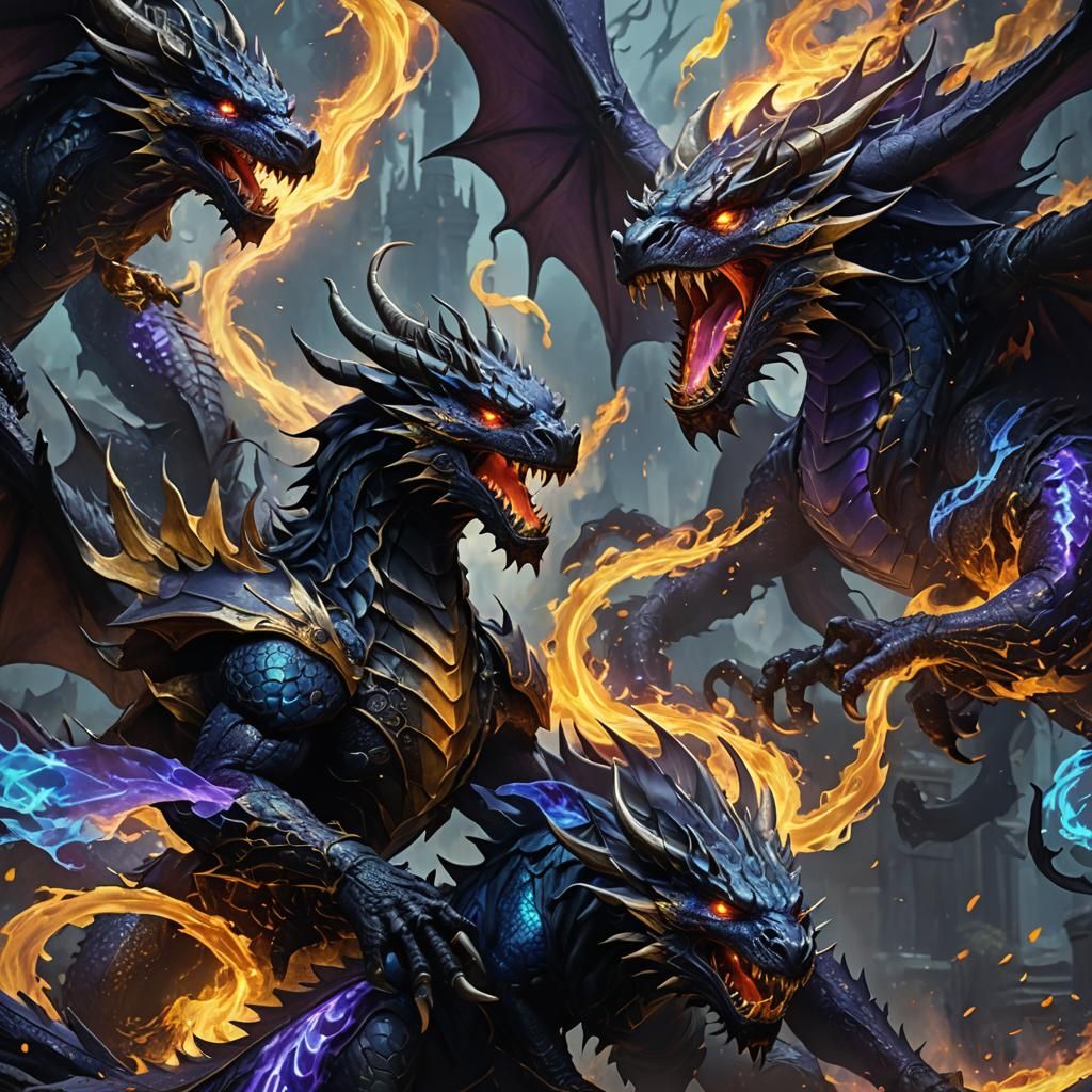 Black Dragons Breathing Blue Fire: Dark Fantasy Art