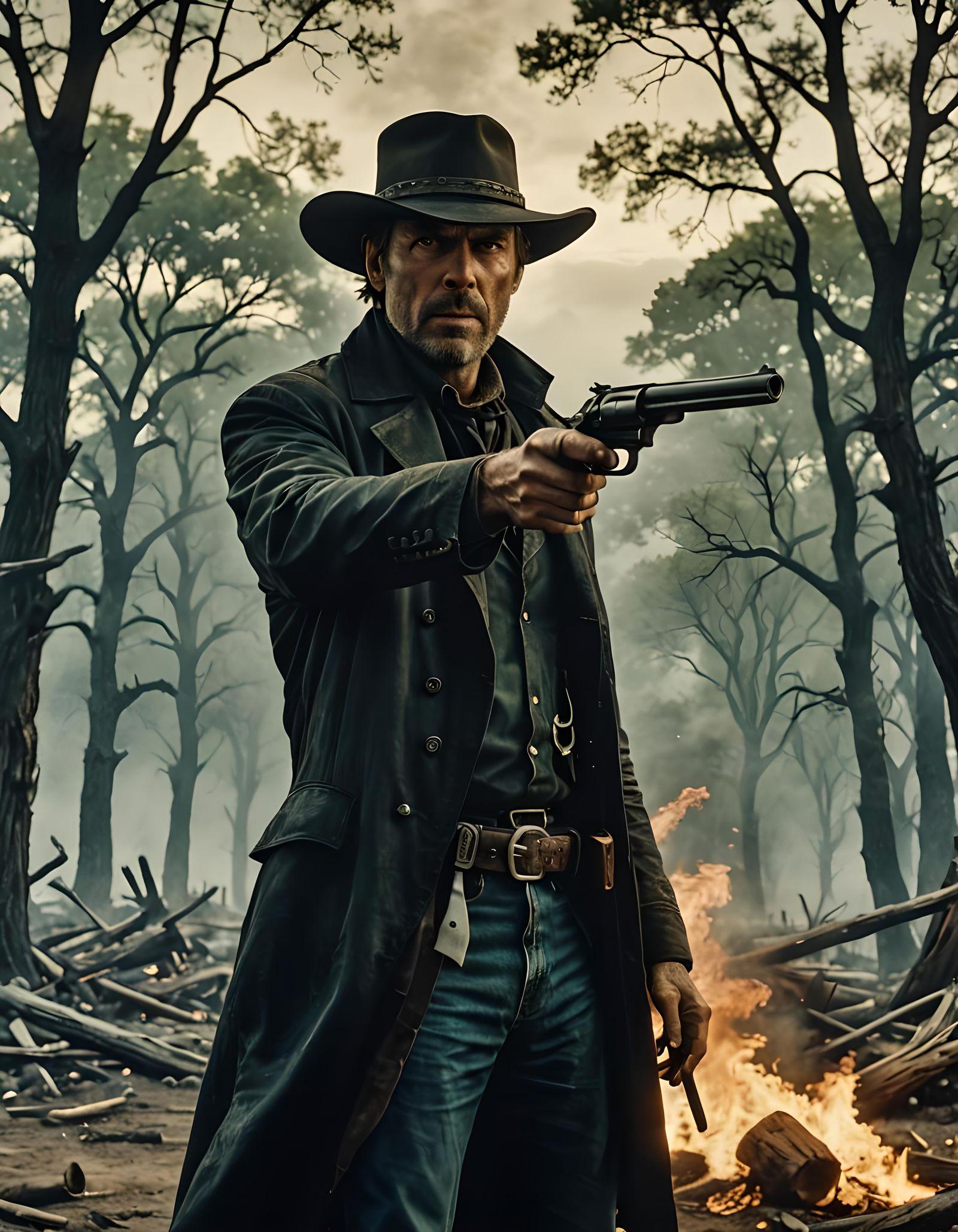 Cinematic Gunslinger Portrait with Fire Revolvers