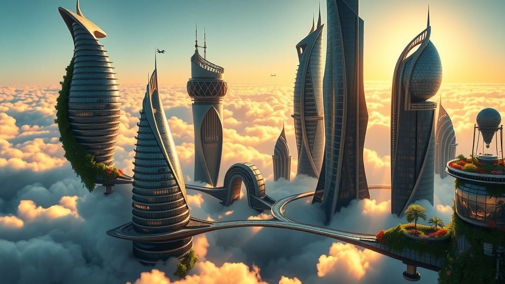 Floating Futuristic Metropolis in Cyberpunk Style