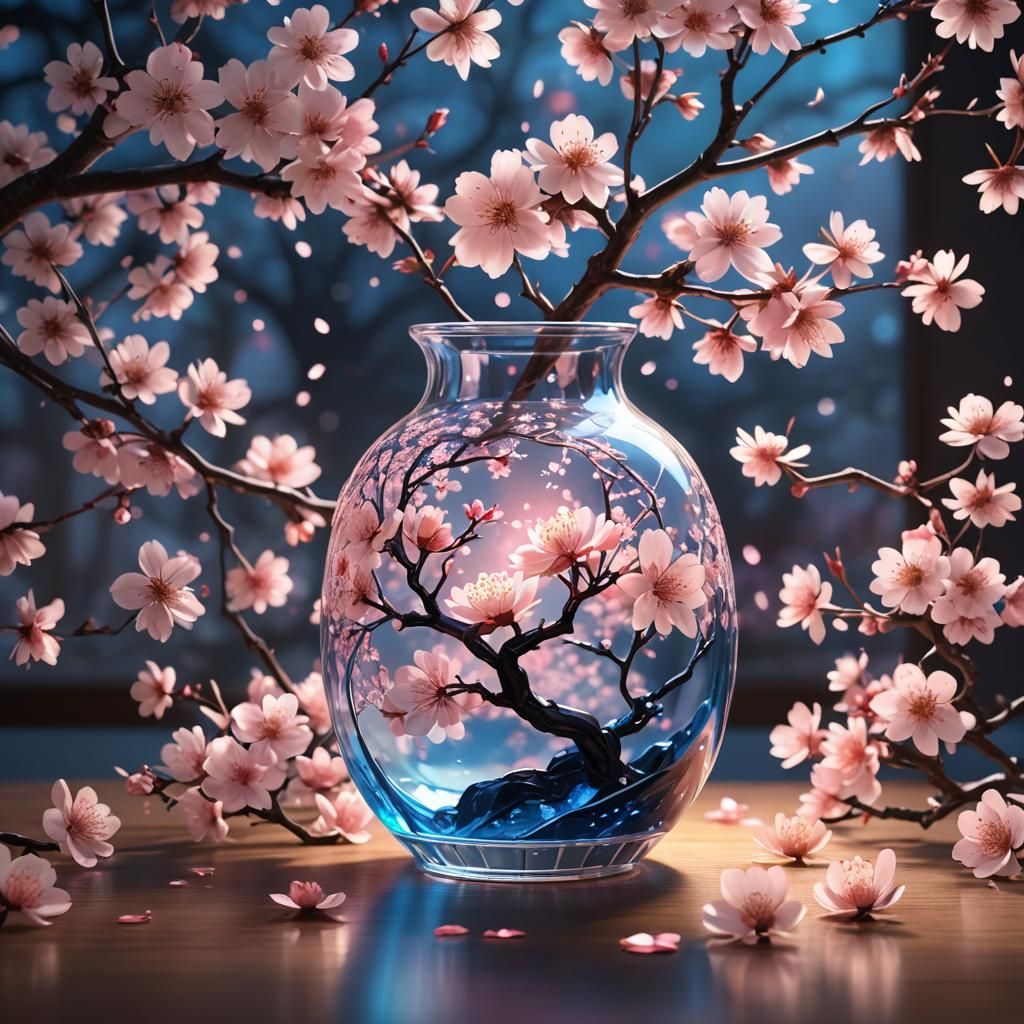 Sakura Glass Vase in Glowing 3D Anime Art
