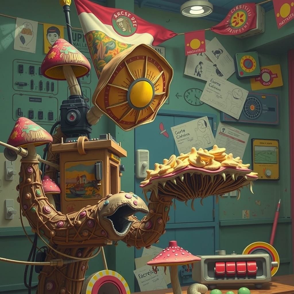 Surreal Mushroom Landscape with Whimsical Cabin and Industri...