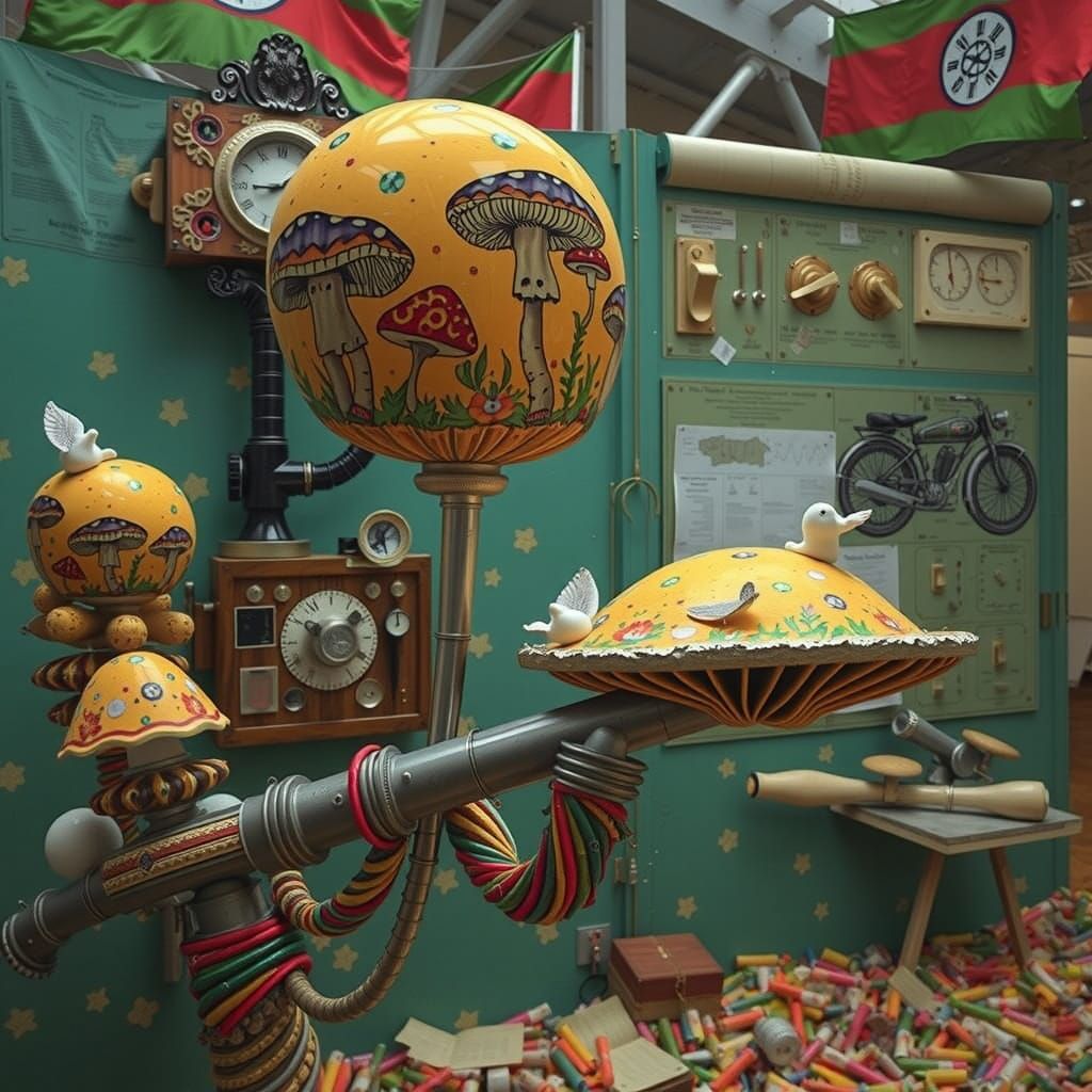 Whimsical Mushroom Sculpture in Industrial Wonderland