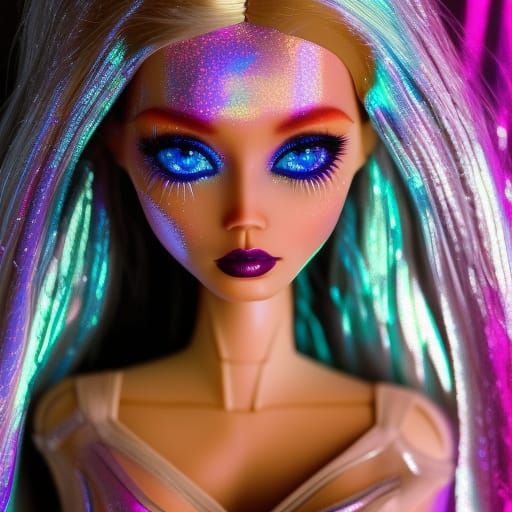 Alien Barbie Doll with Holographic Dress, Hyperrealistic