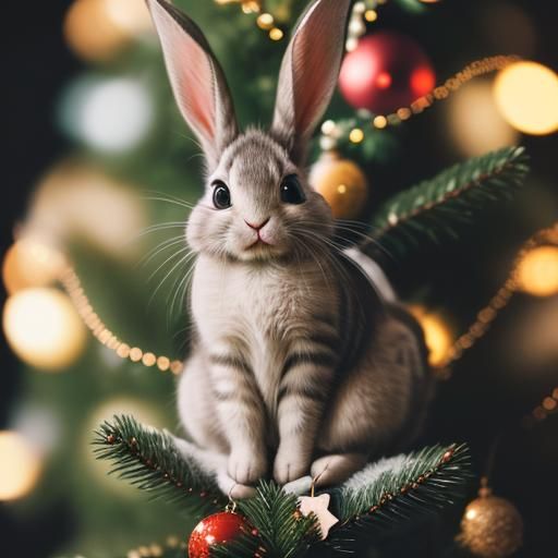 Rabbit and Kitten Decorating Christmas Tree