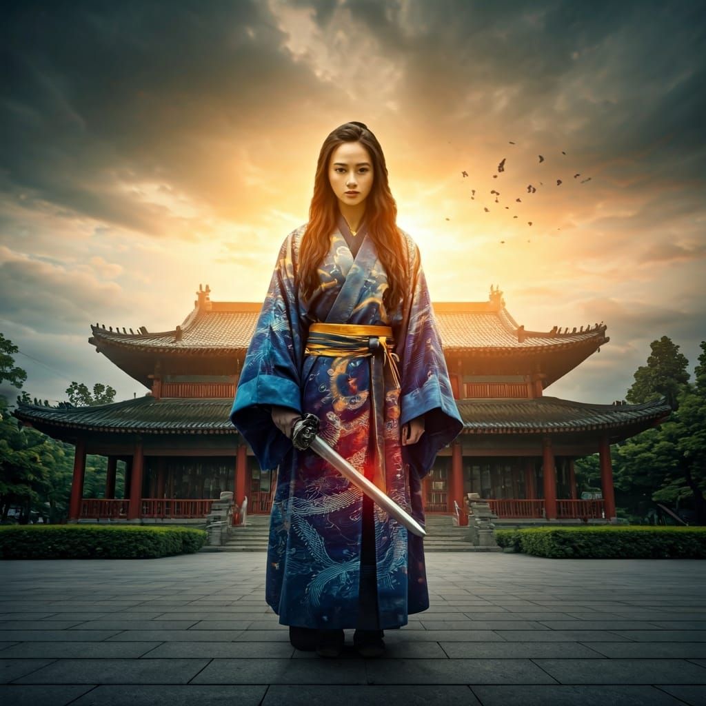 Warrior Maiden with Sword in Double Exposure Style