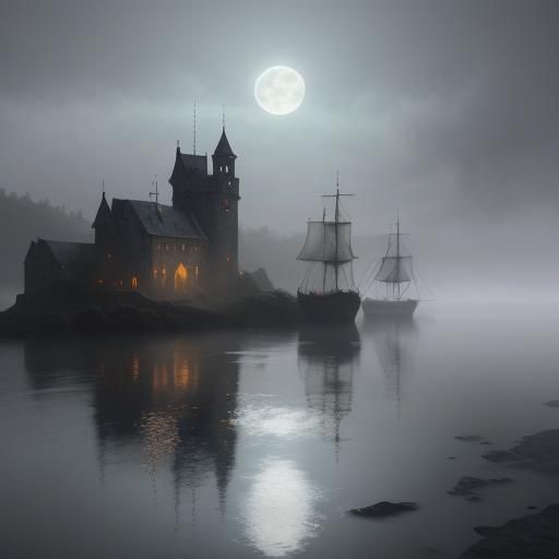 Misty Medieval Bay with Sailboats in Fantasy Style
