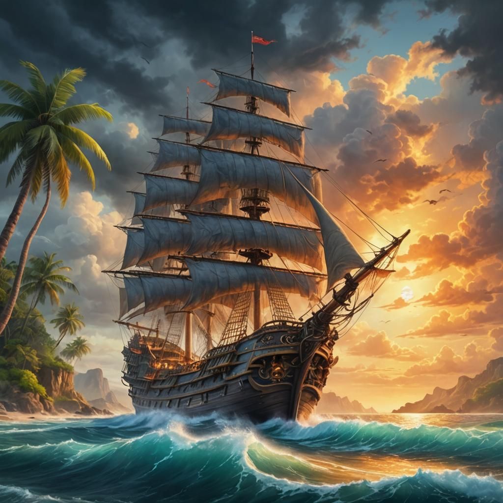 Pirate Ship Enters Exotic Island Bay: Photorealistic Paintin...