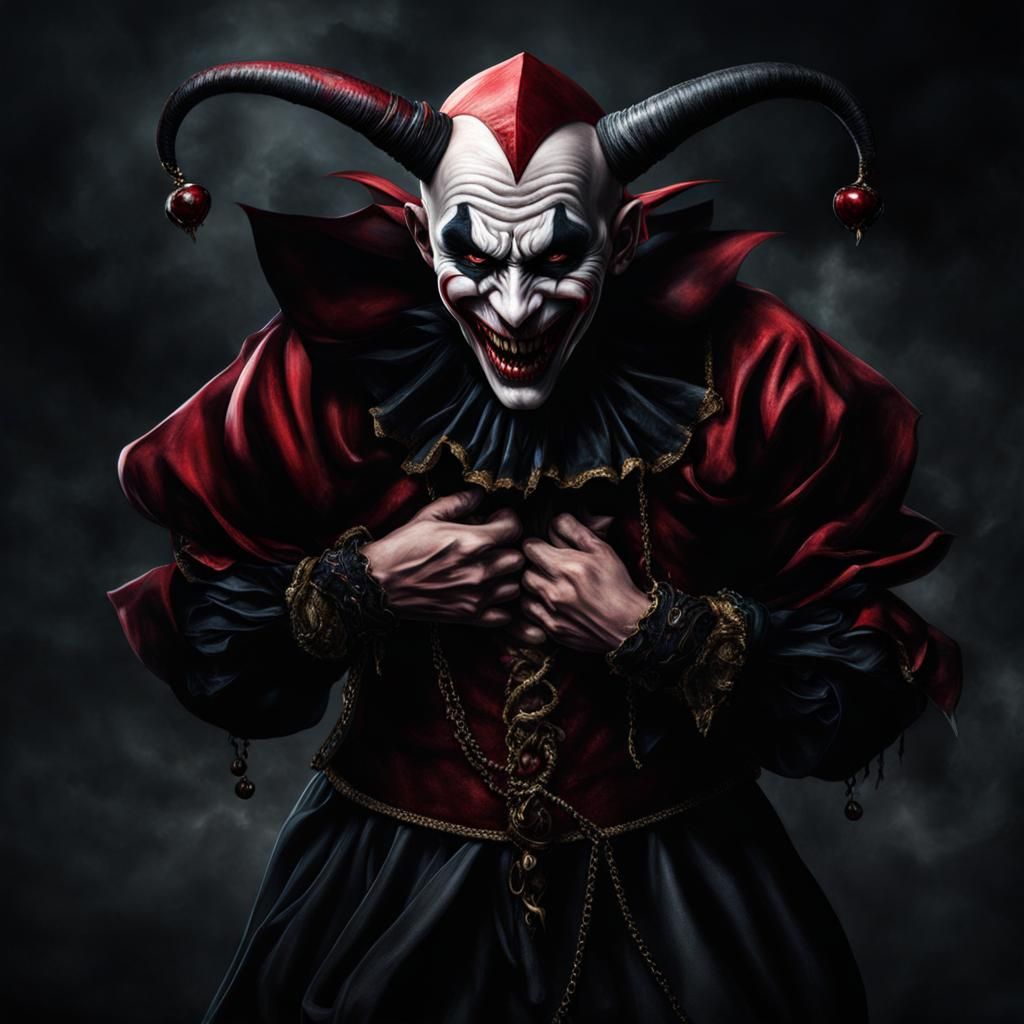 Demonic Jester Offering Heart in Dark Landscape