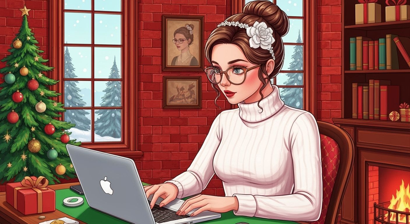 Victorian Style Lady Working on Laptop in Snowy Room