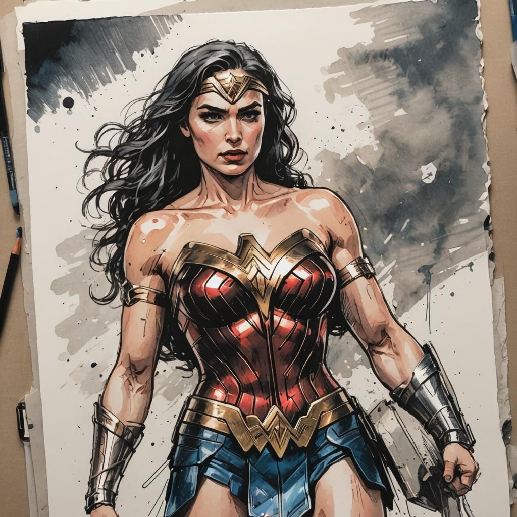 Wonder Woman Comic Sketch in Gritty Watercolor Style