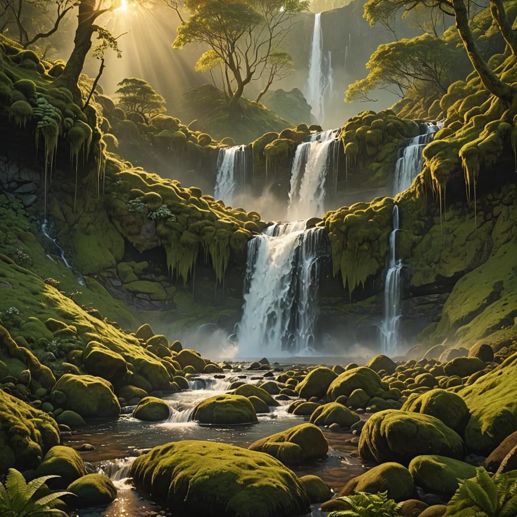 Lush Waterfall Cascades in Golden Hour Light