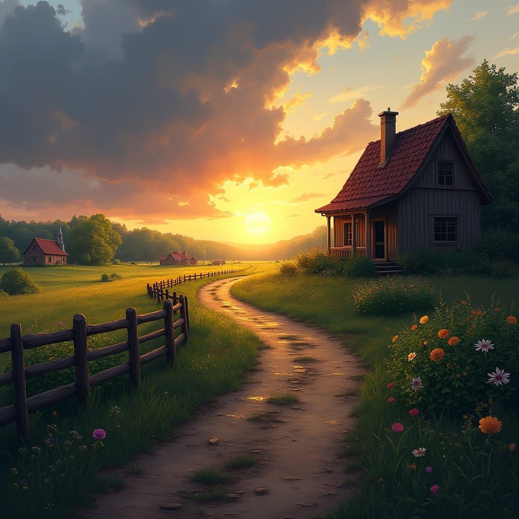 Serene Rural Sunset Landscape Digital Painting