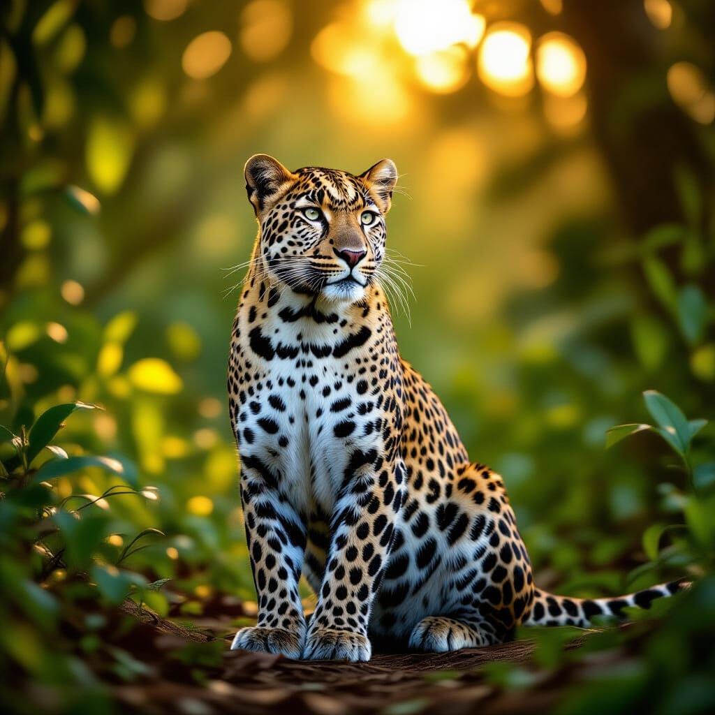 Leopard Sitting Upright in Dappled Jungle Light