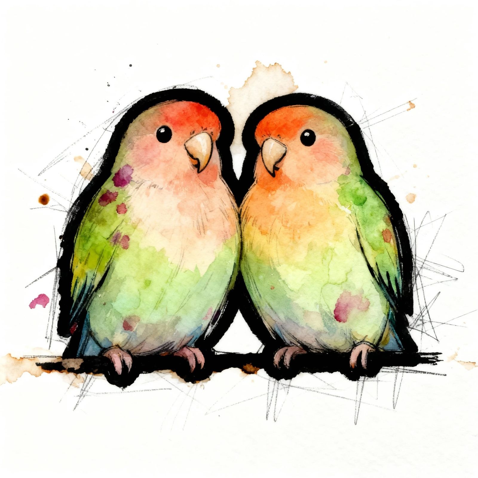 Whimsical Cartoon Lovebirds Illustration in Watercolor Style