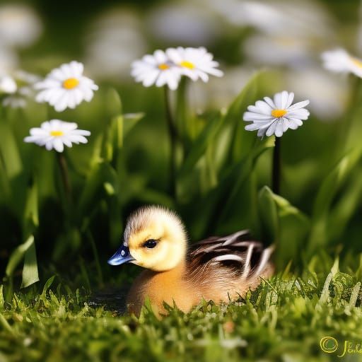 Baby Duckling in Daisies with Morning Dew