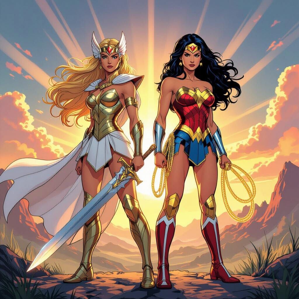 She-Ra and Wonder Woman Alliance in Epic Landscape