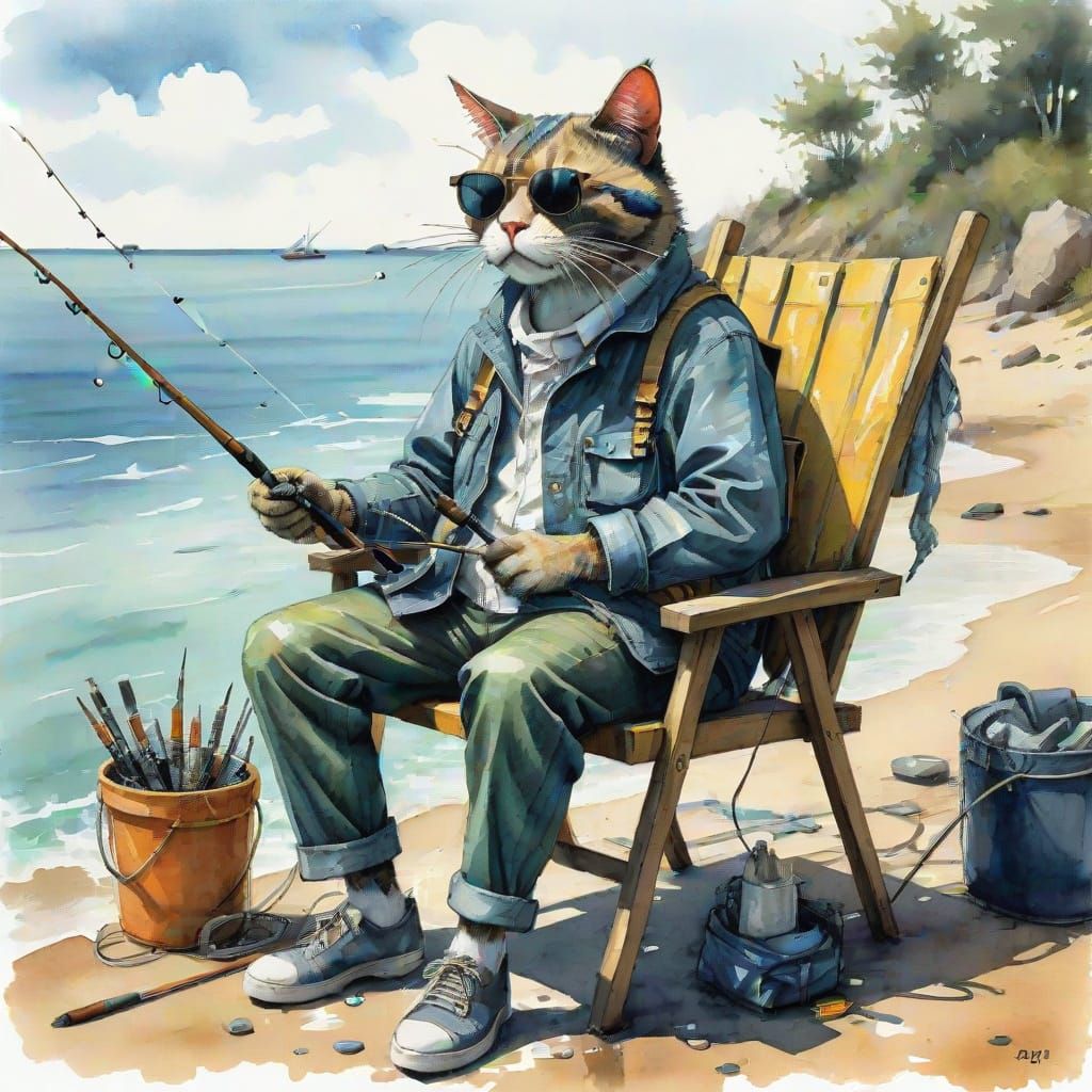 Whimsical Cat Reels in Catch in Post-Impressionist Coastal S...