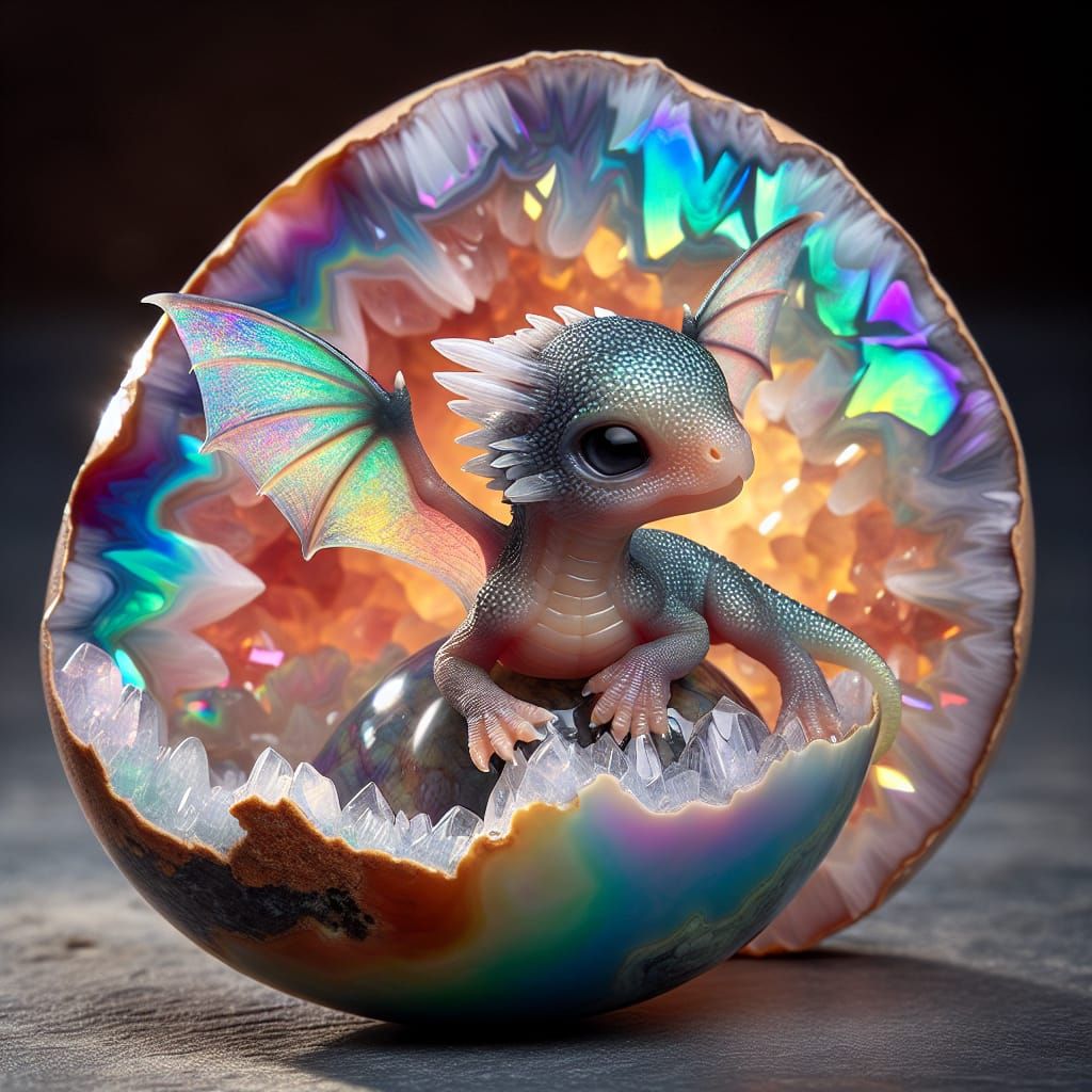 Mythical Baby Dragon Hatches from a Rainbow Geode