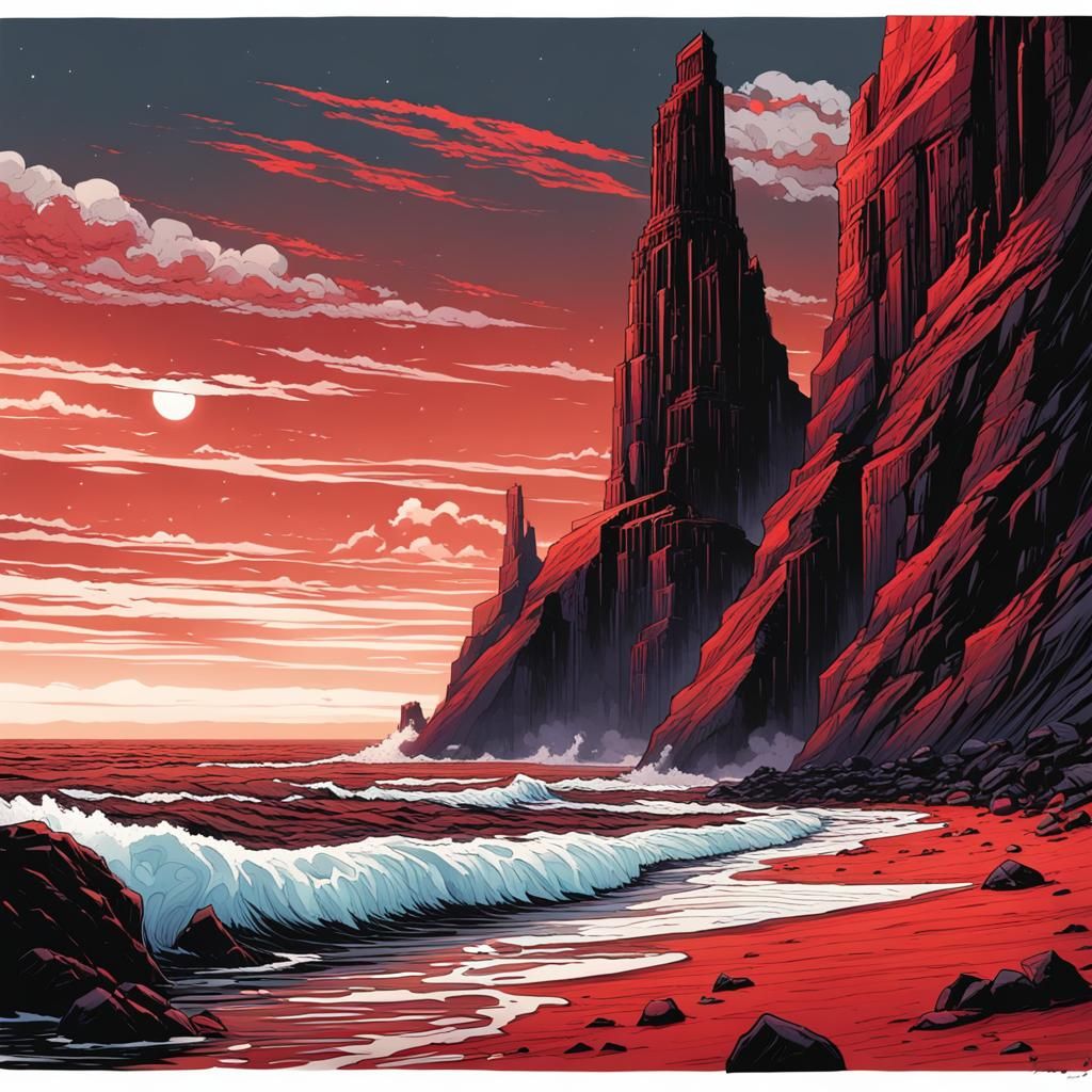 Red Ocean Meets Black Sand Beach in Comic Book Art