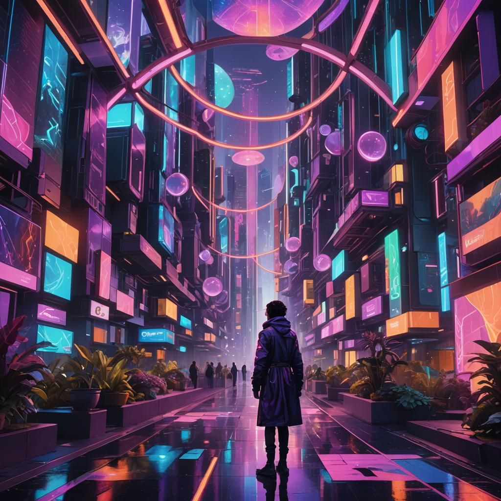 Futuristic Cityscape with Avant-Garde Fashion in Neon Art St...
