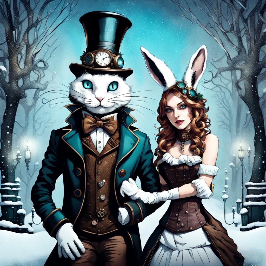Steampunk Winter Wonderland with Alice and Rabbit