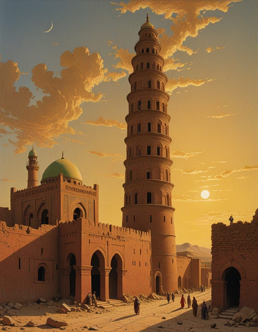 Spiral Minaret of the Great Mosque of Samarra in Desert Land...